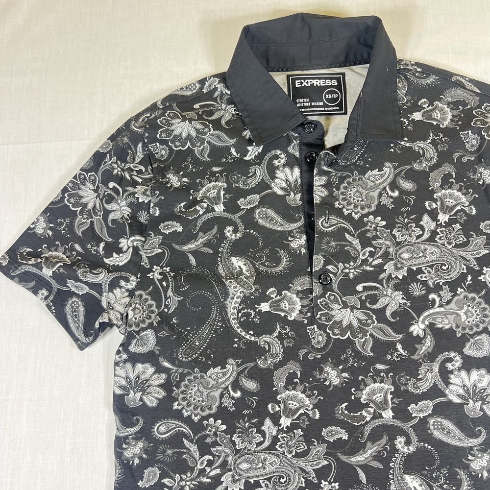 Express Womens XS Black Paisley Polo Shirt Stretch Moisture Wicking NWT